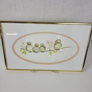 J. Metzler Watercolor Painting Birds on Roses Branch Nursery Framed Wall Art